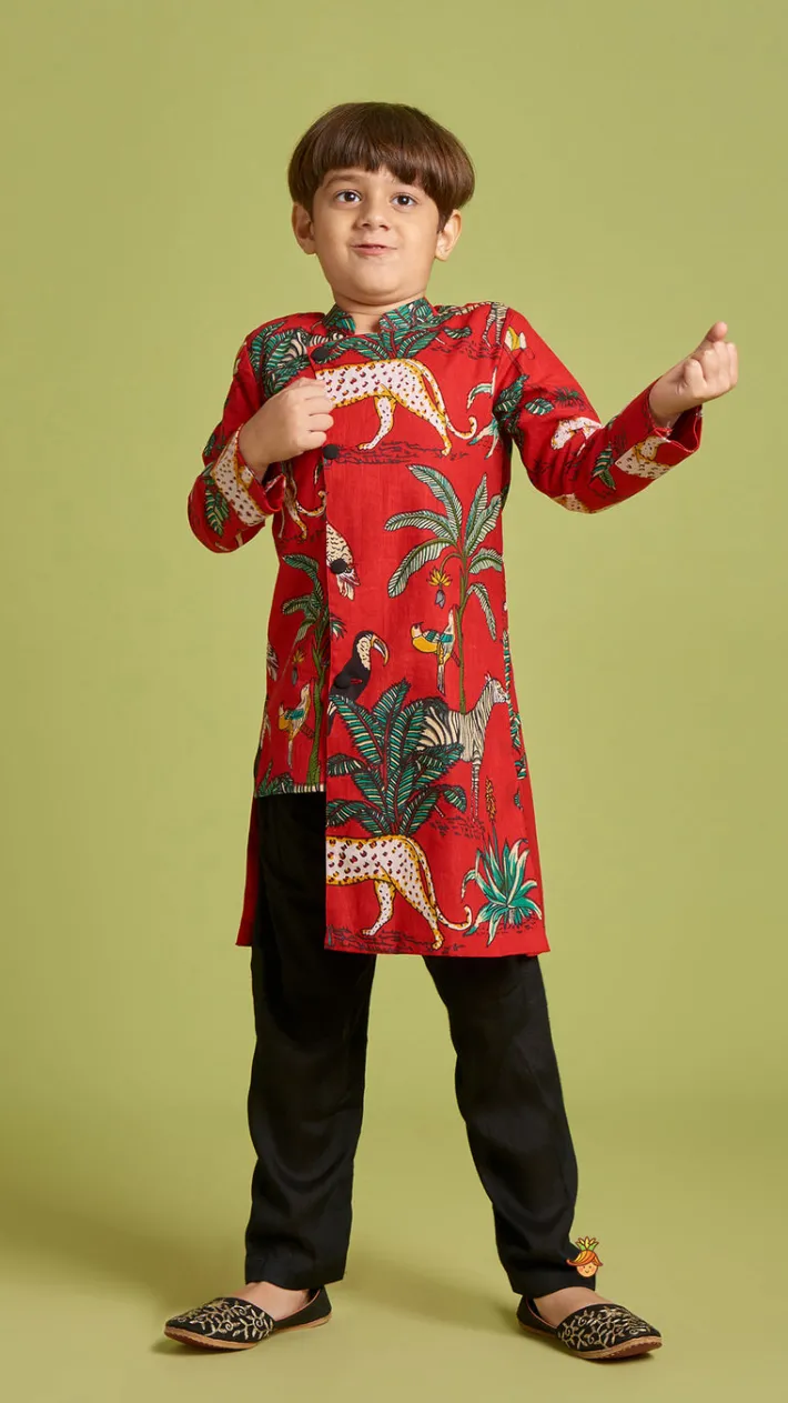 Online Crimson Red Jungle Theme Printed Asymmetric Kurta And Black Pyjama BOY Indian Ethnic Wear | Ethnic Sets