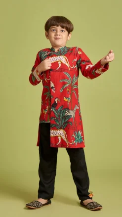 Hot Crimson Red Jungle Theme Printed Asymmetric Kurta And Black Pyjama BOY Indian Ethnic Wear | Ethnic Sets
