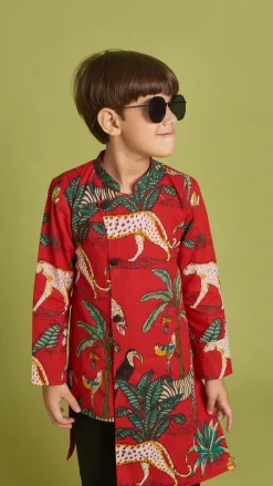 Online Crimson Red Jungle Theme Printed Asymmetric Kurta And Black Pyjama BOY Indian Ethnic Wear | Ethnic Sets