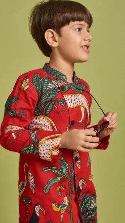Hot Crimson Red Jungle Theme Printed Asymmetric Kurta And Black Pyjama BOY Indian Ethnic Wear | Ethnic Sets