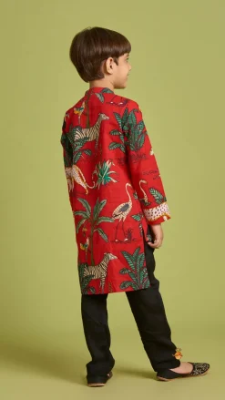 Hot Crimson Red Jungle Theme Printed Asymmetric Kurta And Black Pyjama BOY Indian Ethnic Wear | Ethnic Sets