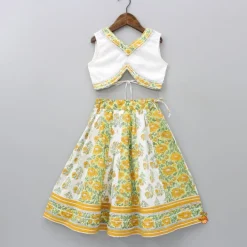 Discount Cut Out Hem White Top And Floral Printed Lehenga With Matching Lurex Striped Dupatta Twinning Sets | Ethnic Wear