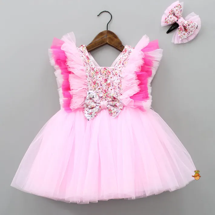 Online Cute Sequin Work Pink Dress With Hair Clip Dresses & Sets | Dresses