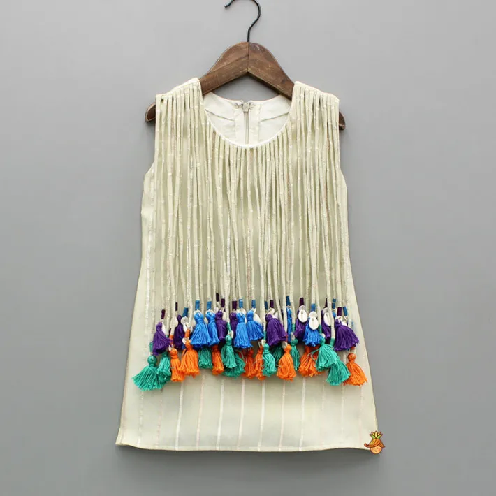 Hot Dangling Strings Tassels Embellished Neckline Kurti With Balloon Pant Ethnic Wear | Churidars & Salwars