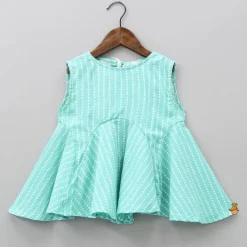 New Dots Hand Block Printed Green Flared Top With Dual Pockets Tops & Tunics