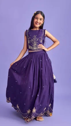 Hot Dual Back Knot Detail Purple Top And Tassels Enhanced Lehenga Twinning Sets | Ethnic Wear