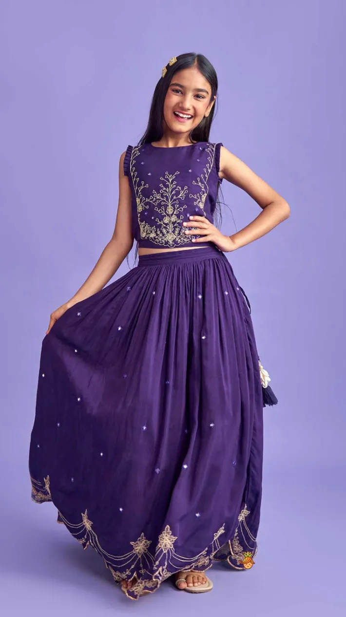 Hot Dual Back Knot Detail Purple Top And Tassels Enhanced Lehenga Twinning Sets | Ethnic Wear