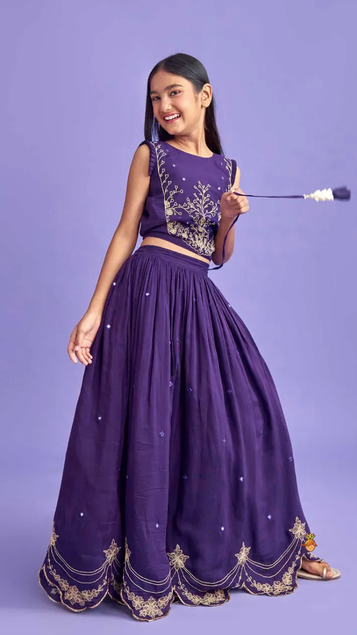 Hot Dual Back Knot Detail Purple Top And Tassels Enhanced Lehenga Twinning Sets | Ethnic Wear