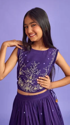 Hot Dual Back Knot Detail Purple Top And Tassels Enhanced Lehenga Twinning Sets | Ethnic Wear