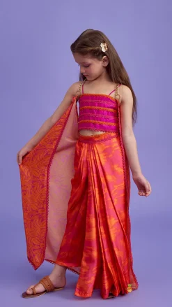 Outlet Dual Colour Top And Stylish Dhoti Skirt With Matching Cape And Hairband Ethnic Wear | Dhotis & Patialas