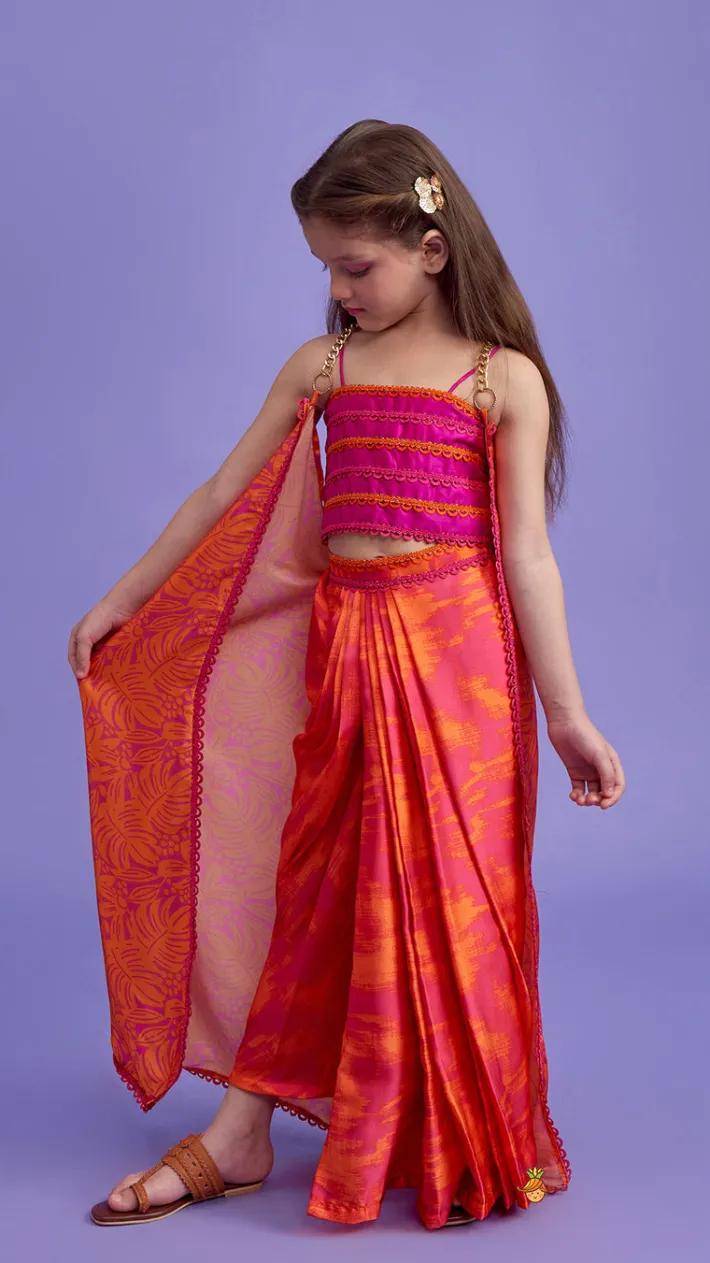Outlet Dual Colour Top And Stylish Dhoti Skirt With Matching Cape And Hairband Ethnic Wear | Dhotis & Patialas