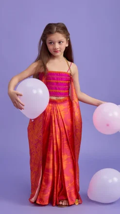 Outlet Dual Colour Top And Stylish Dhoti Skirt With Matching Cape And Hairband Ethnic Wear | Dhotis & Patialas