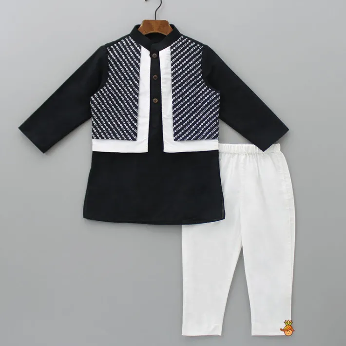 Sale Dual Flap Jacket Style Black Kurta And Pyjama BOY Twinning Sets | Indian Ethnic Wear