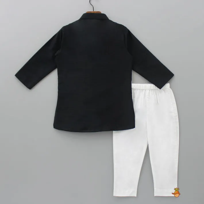 Sale Dual Flap Jacket Style Black Kurta And Pyjama BOY Twinning Sets | Indian Ethnic Wear