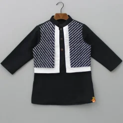Sale Dual Flap Jacket Style Black Kurta And Pyjama BOY Twinning Sets | Indian Ethnic Wear