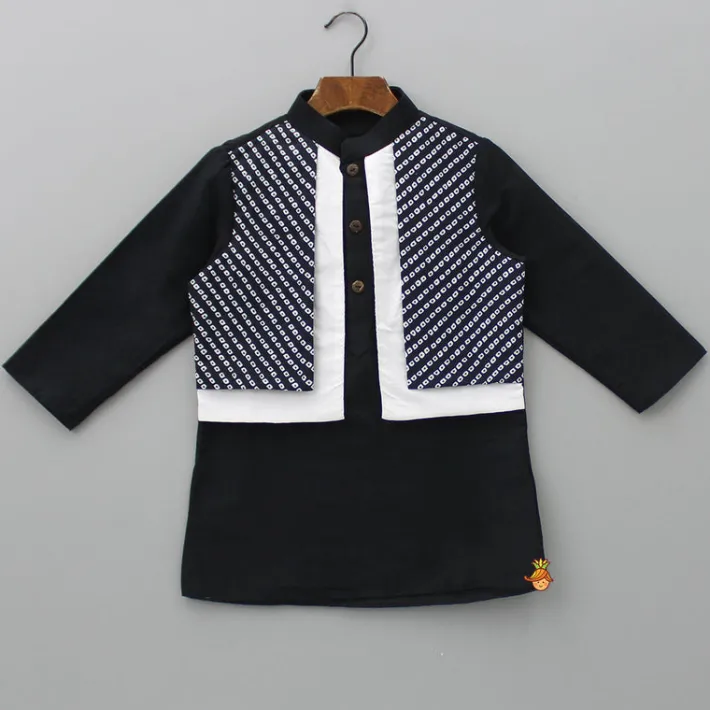 Sale Dual Flap Jacket Style Black Kurta And Pyjama BOY Twinning Sets | Indian Ethnic Wear