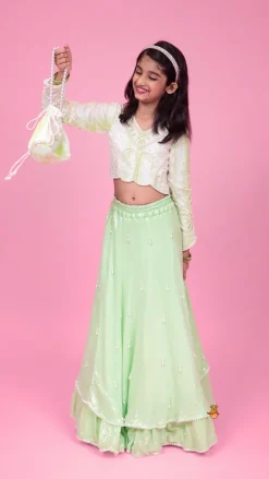 Best Dual Tone Embellished Embroidered Top And Green Lehenga With Matching Potli Bag Ethnic Wear | Lehengas & Ghagras