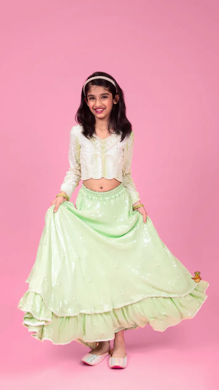Best Dual Tone Embellished Embroidered Top And Green Lehenga With Matching Potli Bag Ethnic Wear | Lehengas & Ghagras
