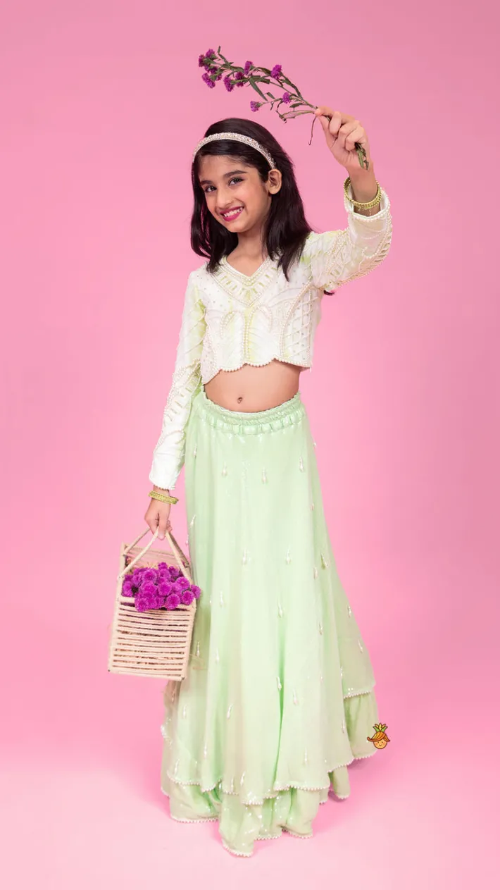Best Dual Tone Embellished Embroidered Top And Green Lehenga With Matching Potli Bag Ethnic Wear | Lehengas & Ghagras