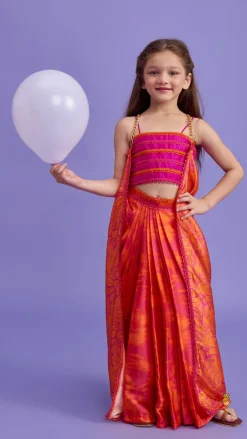 Discount Dual-Colour Top And Stylish Dhoti Skirt With Matching Cape And Hairband Ethnic Wear | Dhotis & Patialas