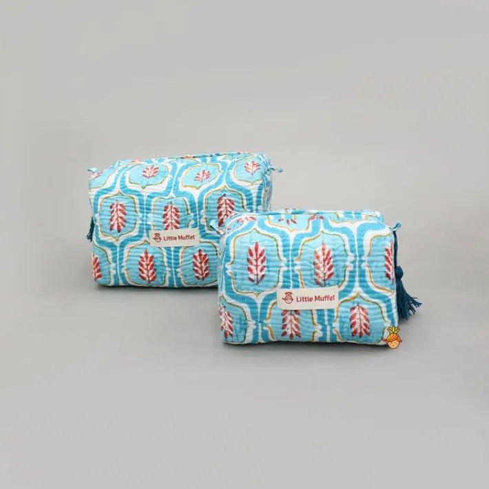 Hot Elegant Blue Block-Printed Pouch Bags - Set Of 2 Bags