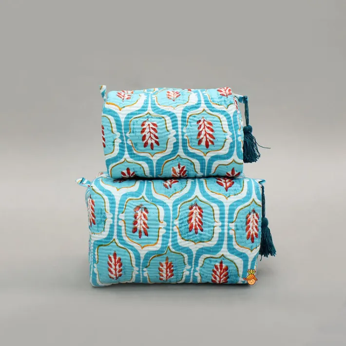 Hot Elegant Blue Block-Printed Pouch Bags - Set Of 2 Bags