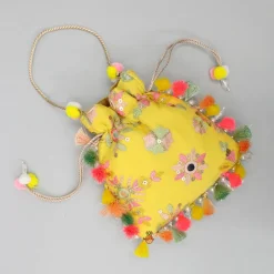 Hot Elegant Embroidered Fringed Yellow Potli Bag Bags