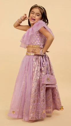 Discount Elegant Pastel Purple Embroidered One Shoulder Top With Lehenga And Gota Lace Detail Dupatta Twinning Sets | Ethnic Wear