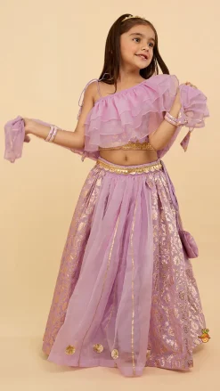 Discount Elegant Pastel Purple Embroidered One Shoulder Top With Lehenga And Gota Lace Detail Dupatta Twinning Sets | Ethnic Wear