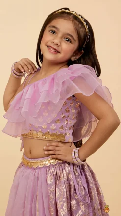 Discount Elegant Pastel Purple Embroidered One Shoulder Top With Lehenga And Gota Lace Detail Dupatta Twinning Sets | Ethnic Wear