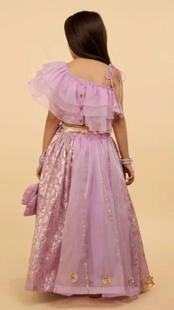 Discount Elegant Pastel Purple Embroidered One Shoulder Top With Lehenga And Gota Lace Detail Dupatta Twinning Sets | Ethnic Wear