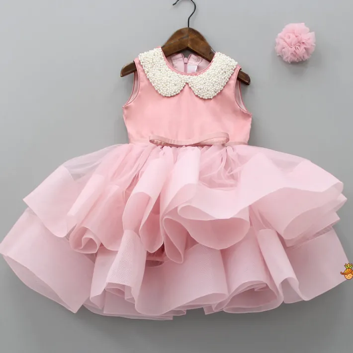 Fashion Elegant Pearls Embellished Onion Pink Ruffle Dress With Floral Hair Clip Dresses & Sets | Dresses