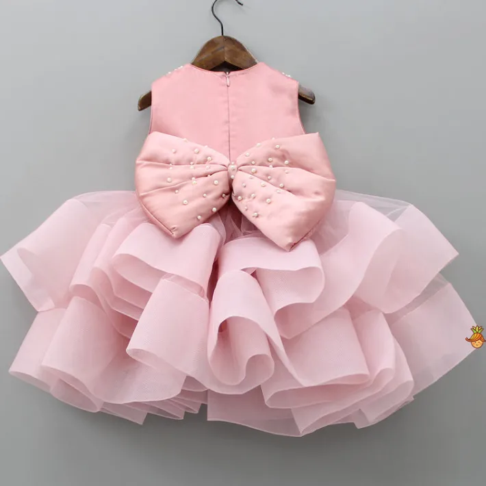 Fashion Elegant Pearls Embellished Onion Pink Ruffle Dress With Floral Hair Clip Dresses & Sets | Dresses