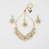 Clearance Elegant Pink And White Stone Studded Necklace With Earrings And Maang Tikka Jewellery