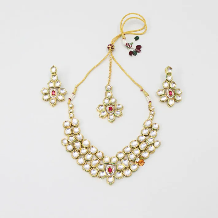 Clearance Elegant Pink And White Stone Studded Necklace With Earrings And Maang Tikka Jewellery