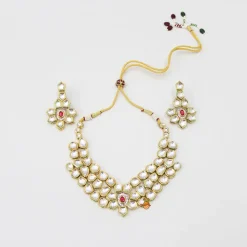 Clearance Elegant Pink And White Stone Studded Necklace With Earrings And Maang Tikka Jewellery