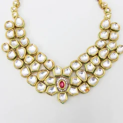 Clearance Elegant Pink And White Stone Studded Necklace With Earrings And Maang Tikka Jewellery