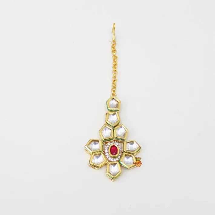 Clearance Elegant Pink And White Stone Studded Necklace With Earrings And Maang Tikka Jewellery