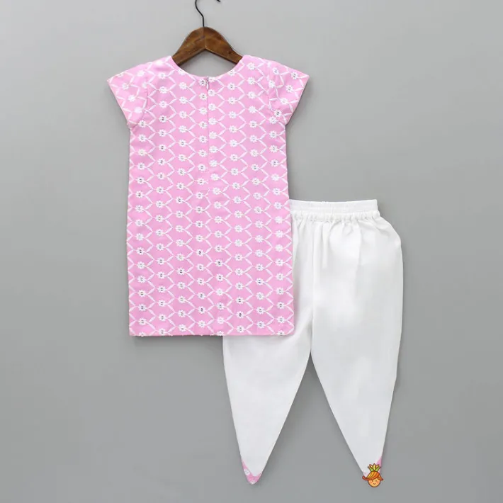 Fashion Elegant Pink Kurti And Dhoti Pant With Net Dupatta Ethnic Wear | Dhotis & Patialas