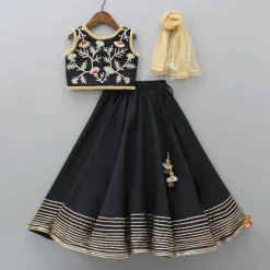 Clearance Elegant Pleated Black Top And Gota Lace Work Flared Lehenga With Beige Dupatta Ethnic Wear | Lehengas & Ghagras