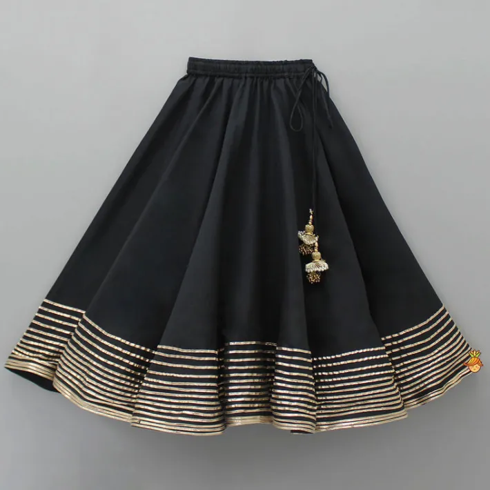 Clearance Elegant Pleated Black Top And Gota Lace Work Flared Lehenga With Beige Dupatta Ethnic Wear | Lehengas & Ghagras