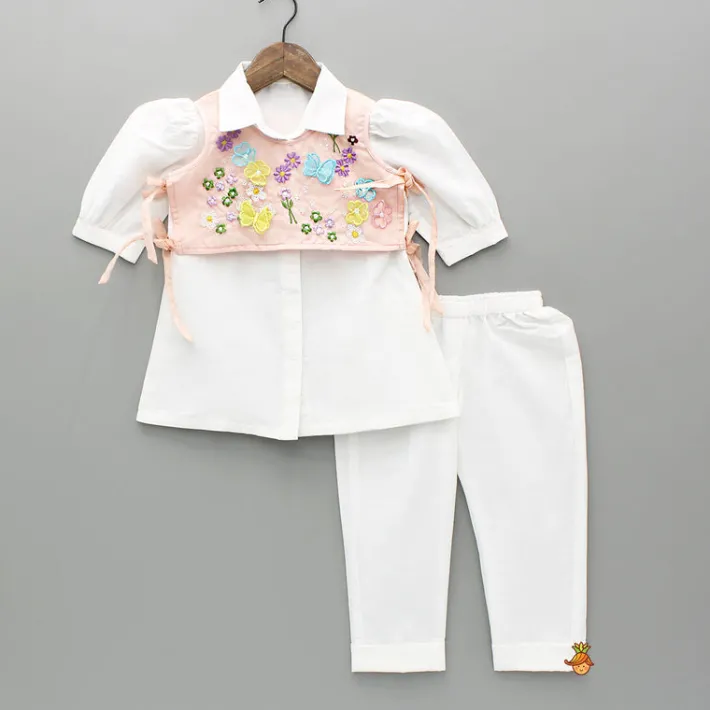Fashion Elegant Shirt Style Top With Peach Embroidered Embellished Jacket And Pant Ethnic Wear | Churidars & Salwars