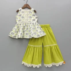 Clearance Elephant Hand Block Printed Kurti And Scalloped Lace Work Lime Green Sharara Ethnic Wear | Palazzos & Shararas