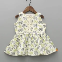 Clearance Elephant Hand Block Printed Kurti And Scalloped Lace Work Lime Green Sharara Ethnic Wear | Palazzos & Shararas