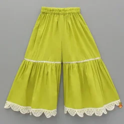 Clearance Elephant Hand Block Printed Kurti And Scalloped Lace Work Lime Green Sharara Ethnic Wear | Palazzos & Shararas