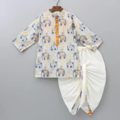 Fashion Elephant Printed Thread Detail Multicolour Kurta With Off White Dhoti BOY Indian Ethnic Wear | Ethnic Sets