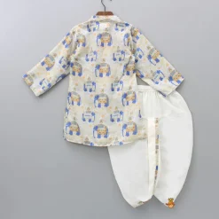 Fashion Elephant Printed Thread Detail Multicolour Kurta With Off White Dhoti BOY Indian Ethnic Wear | Ethnic Sets