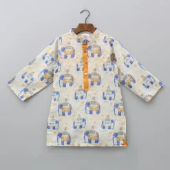 Fashion Elephant Printed Thread Detail Multicolour Kurta With Off White Dhoti BOY Indian Ethnic Wear | Ethnic Sets