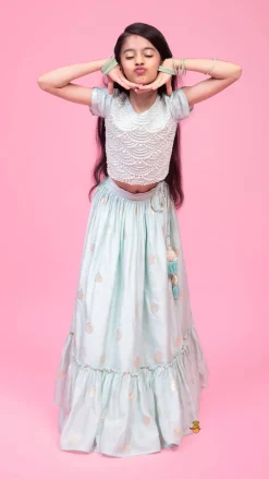 Discount Embellished Embroidered Blue Top And Brocade Lehenga Ethnic Wear | Lehengas & Ghagras
