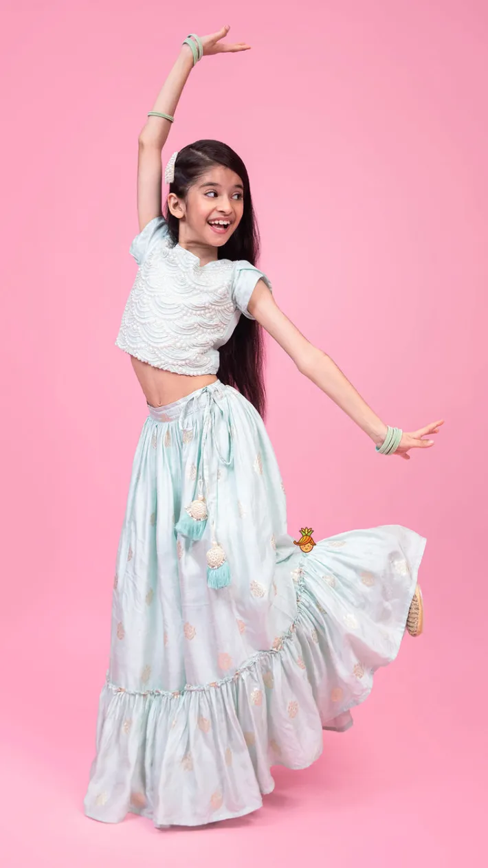 Discount Embellished Embroidered Blue Top And Brocade Lehenga Ethnic Wear | Lehengas & Ghagras